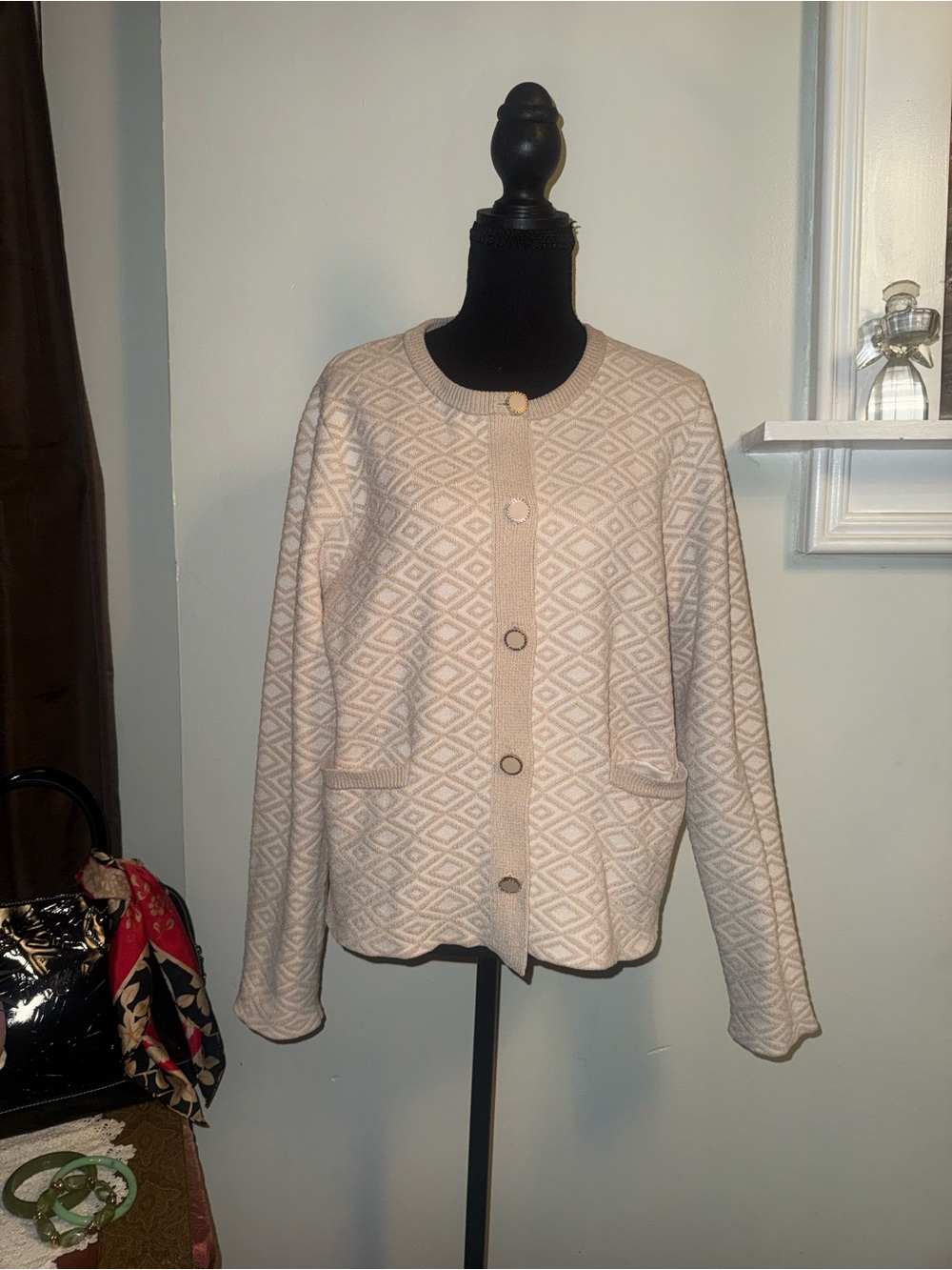 H by Halston Cream Diamond Jacquard Button Cardigan